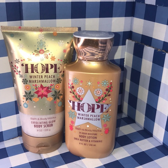 Bath & Body Works winter peach marshmallow HOPE Lotion And Scrub set - Picture 1 of 1